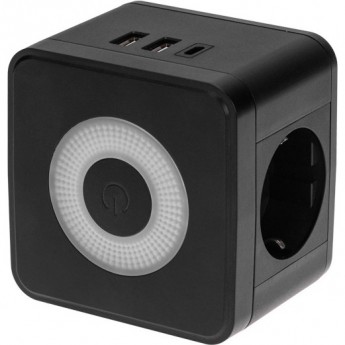 Двойник электрический REXANT КУБ 16А с заземлением + 2хUSB-A 2,4А + USB Type-C 3А с ночной подсветкой, черный Двойник электрический REXANT КУБ 16А с заземлением + 2хUSB-A 2,4А + USB Type-C 3А с ночной подсветкой, черный