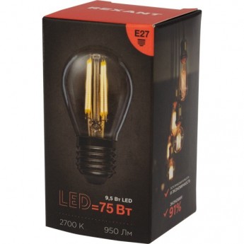 Лампа филаментная REXANT ШАРИК GL45 9,5Вт 950Лм 2700K E27 прозрачная колба Лампа филаментная REXANT ШАРИК GL45 9,5Вт 950Лм 2700K E27 прозрачная колба