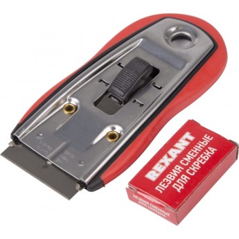 Скребок REXANT с выдвижным лезвием, обрезиненный корпус, 5 запасных лезвий в комплекте