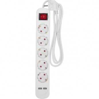 Удлинитель REXANT STANDARD 5 гнезд, 1,5м, 3х1,0мм², с/з, с выключателем, 2 USB, белый