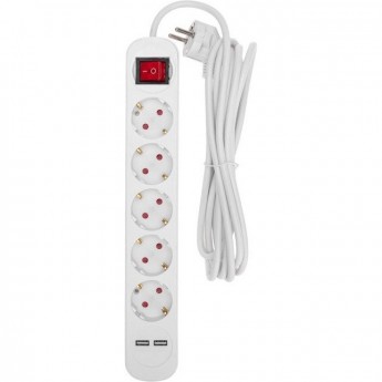 Удлинитель REXANT STANDARD 5 гнезд 3м 3х1,0мм² с выключателем 2 USB белый